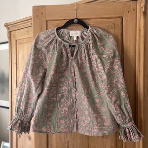 Lightweight Embroidered Peasant Blouse in Sage & Pink